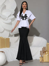 Modphy 2pcs Set: Elegant Applique Short Sleeve White Top & High-Waisted Fishtail Skirt, Formal Dress